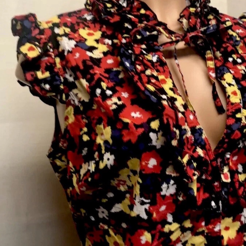Susie Rose Vibrant Floral Ruffle Blouse M 7/9 Coquette Top Red Yellow Blue - Picture 2 of 9